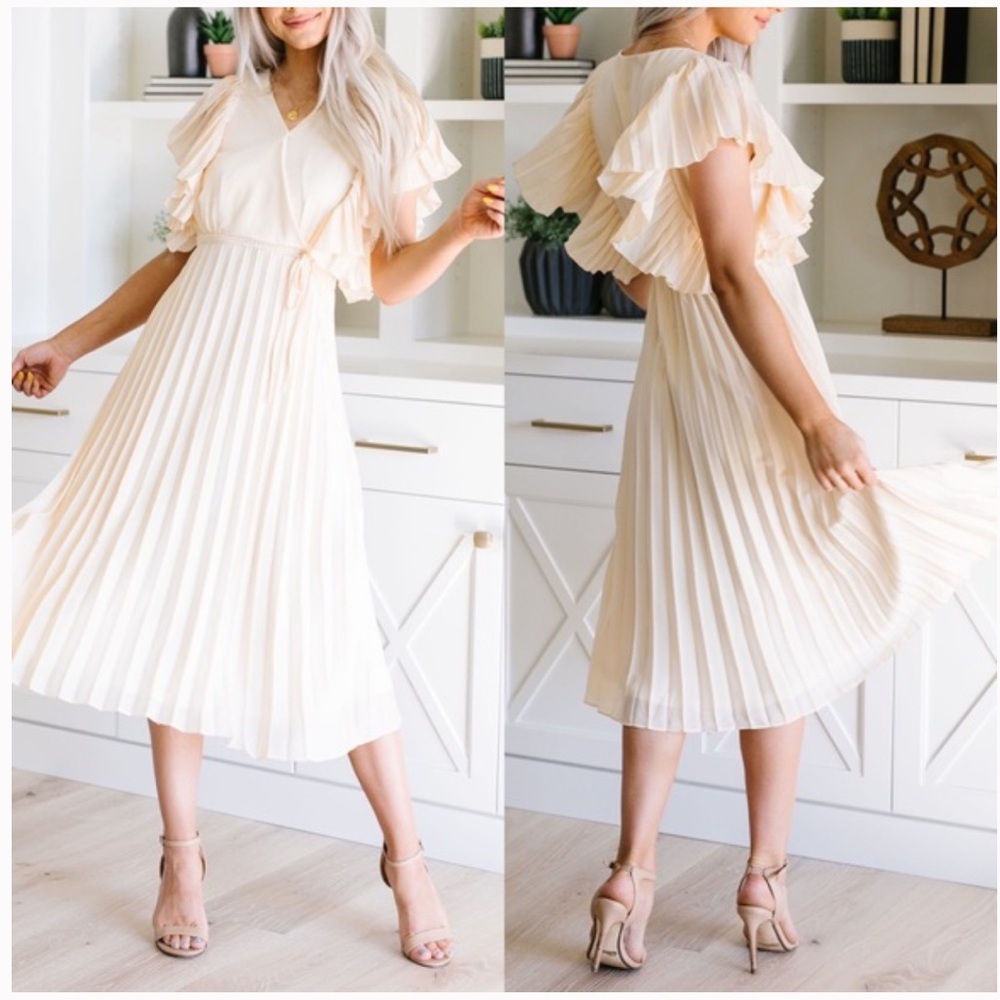 Polagram cream flutter sleeve, pleated dress